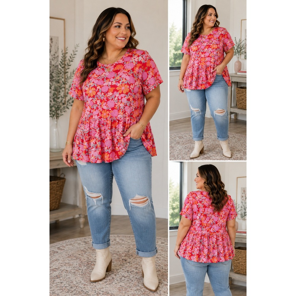Love Fire Top Floral Mesh Tiered Babydoll Short Sleeve Pink Red Plus Size 2X